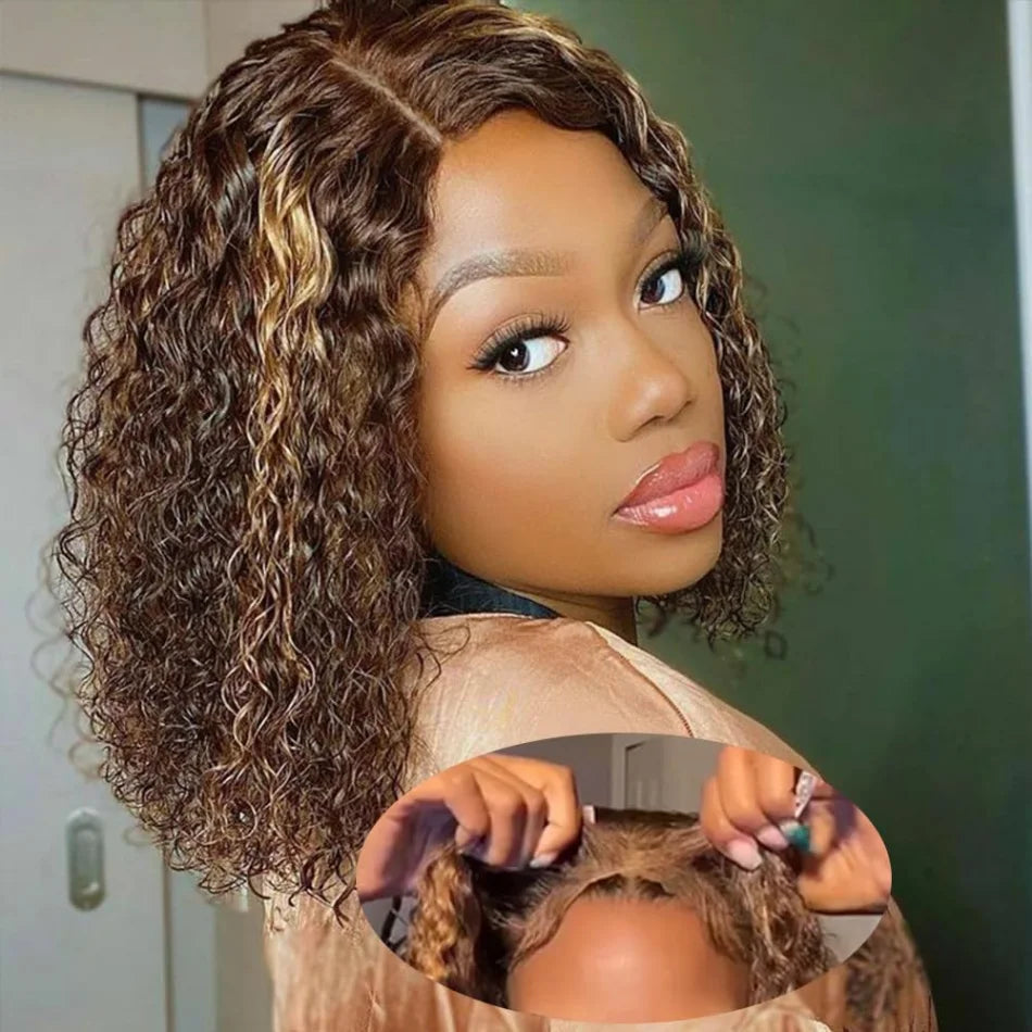 Bob Wig Human Hair Highlight 5X5 Hd Lace Closure Wig Curly Short 427 Honey Blonde Colored Glueless Deep Wave Wig For Black Women