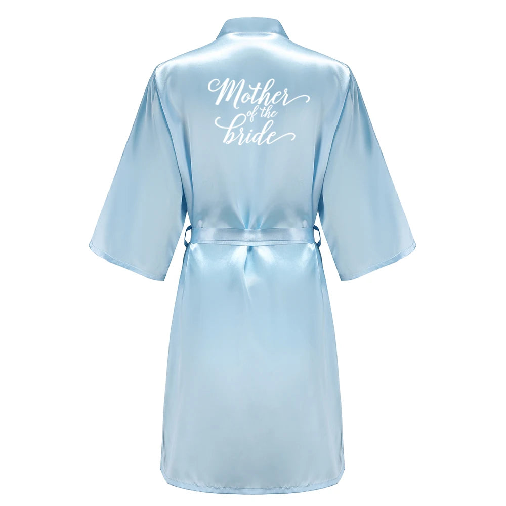 Light Blue Women's Satin Robe Short Kimono for Bride & Bridesmaid With White Letter, Wedding Party Robes