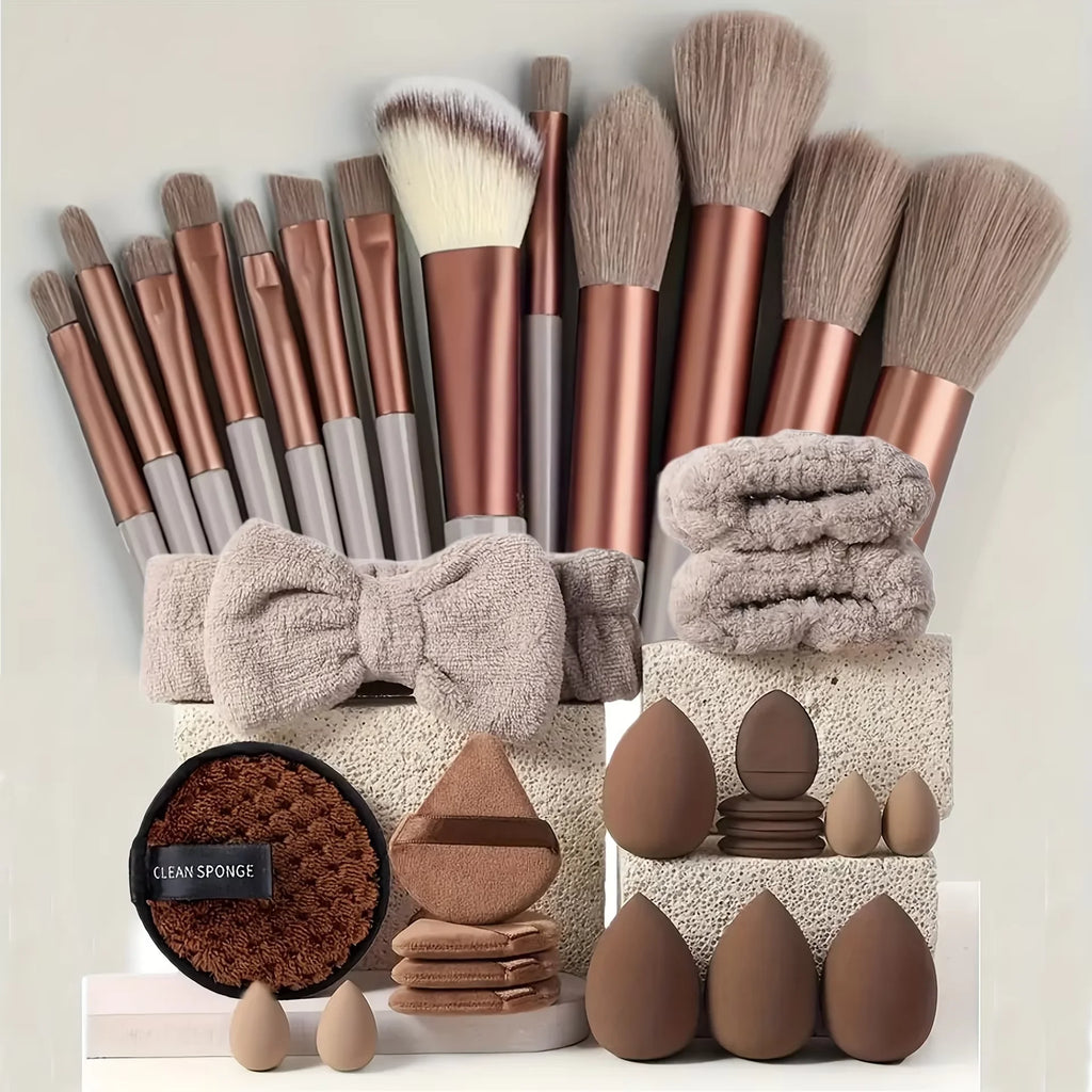 20/40Pcs Makeup Brushes and Sponges Set, Brown Makeup Puff, Beauty Egg, Headband, Wristband Remover Kit, Makeup Tool, Gift,