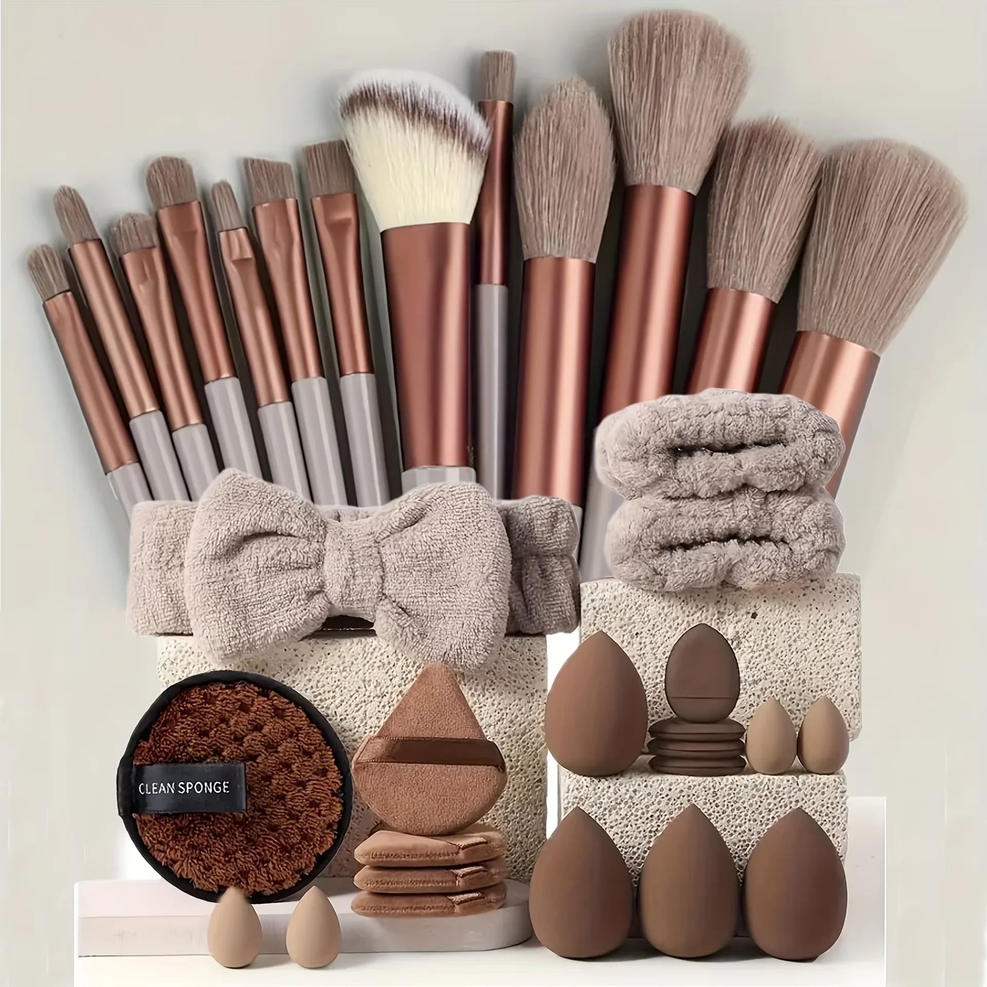 20/40Pcs Makeup Brushes and Sponges Set, Brown Makeup Puff, Beauty Egg, Headband, Wristband Remover Kit, Makeup Tool, Gift,