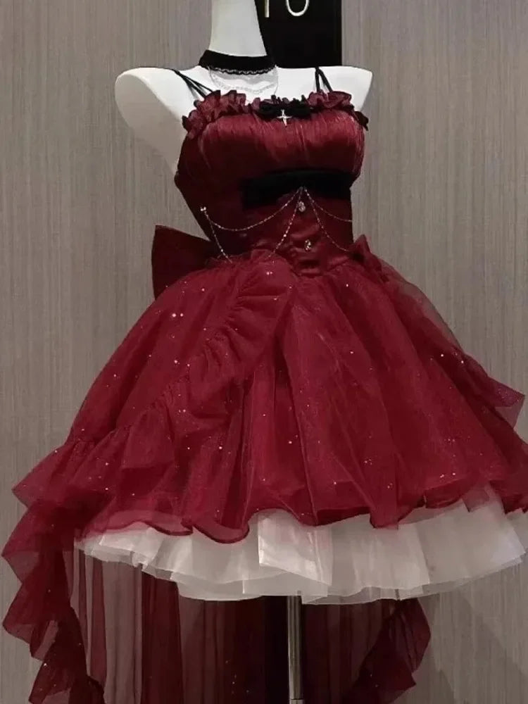 Gothic Red Lolita JSK Dress Women Spaghetti Strap Ruffle Tulle Skirt Chain Bow Decor High Low Hem Vintage Princess Party Dress