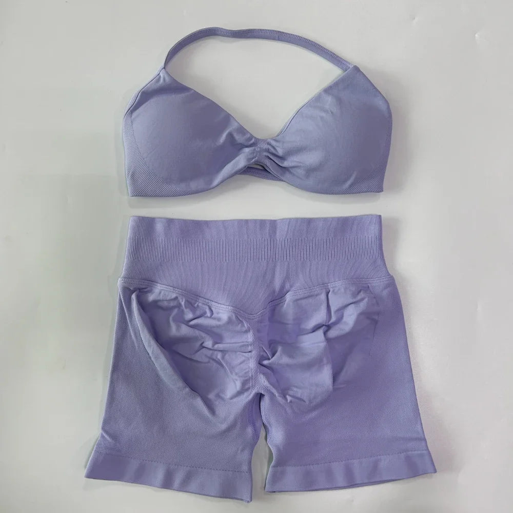 NO LOGO 2PCS Gym Set Women Strappy Yoga Bra Top High Waist Workout Scrunch Shorts Sports Suit Seamless Yoga Set Fitness Clothes