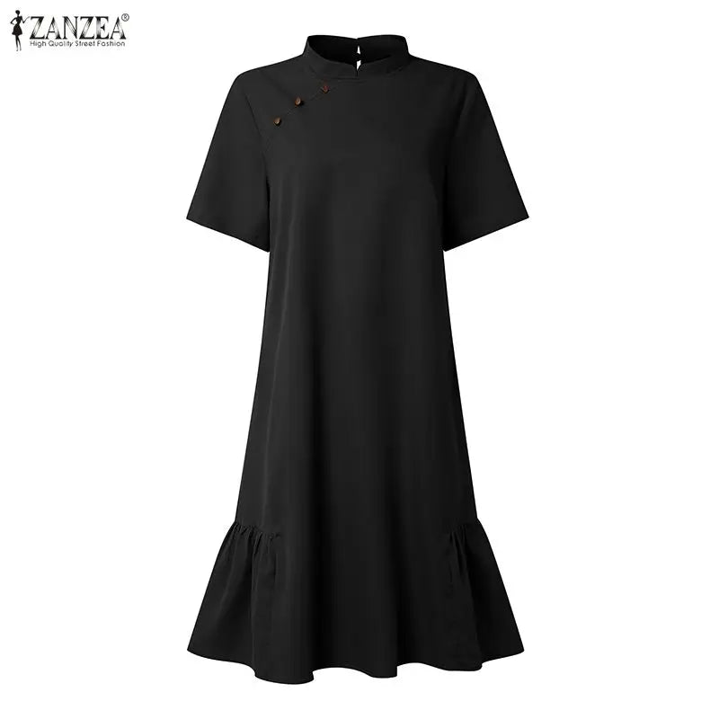 2026 ZANZEA Fashion Women Short Sleeve Shirt Dresses Stand Collar Solid Knee-Length Casual Sundress Summer Office Lady Vestidos