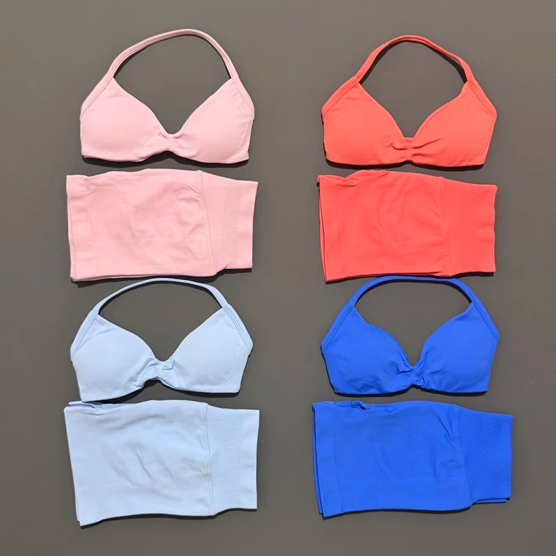 2 Piece Sport Set Women Seamless Yoga Tank Bra High Waist Scrunch Bum Gym Shorts Sets Fitness Running Workout Suit