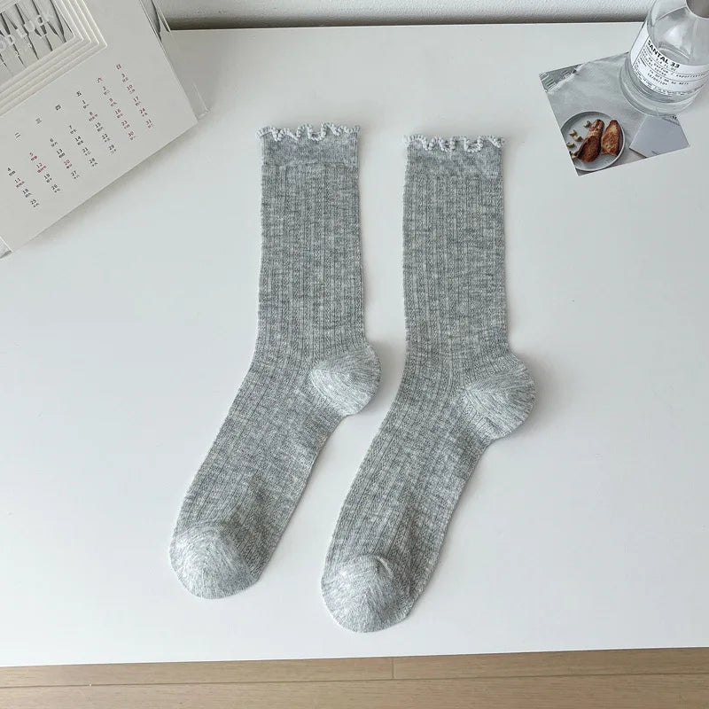 5/10 Pairs Women Solid Color Mesh Mid Tube Socks Summer Lightweight Breathable Fashionable Wavy Edge Ballet Style Casual Socks