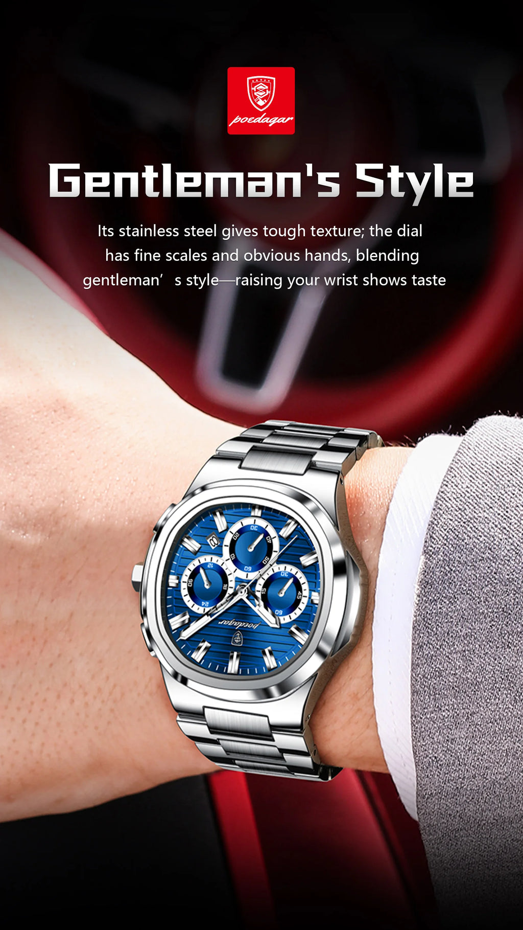 POEDAGAR Business Man Wristwatch Date Chronograph Waterproof Luminous Luxury Men Watch Stainless Steel Quartz Men's Watches Male