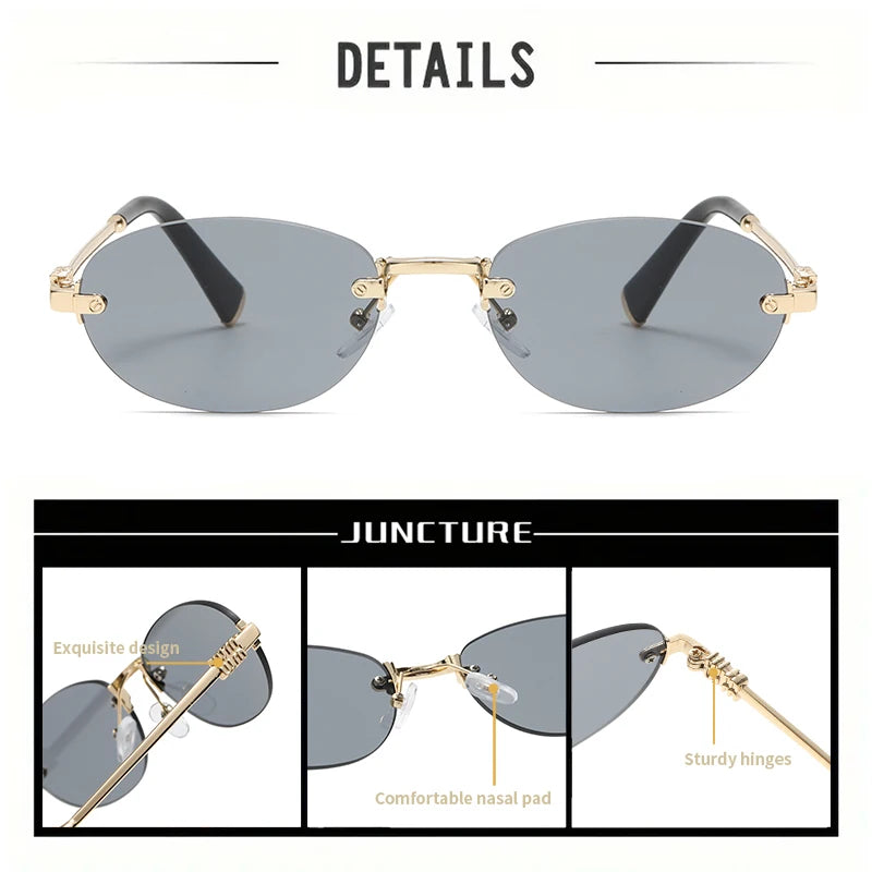 JUNCTURE Popular Fashion Oval Sun Glasses for Female Male Travel UV400 Shades Women Men Rimless Sunglasses Lentes De Sol Mujer