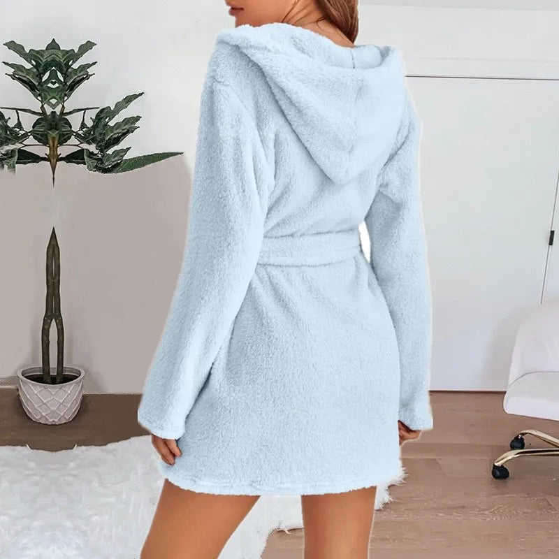 Winter Women Bath Robe Fluffy Plush Pyjamas Ladies Sexy Hooded Dressing Solid Color Gown Warm Bathrobe Female loungewear