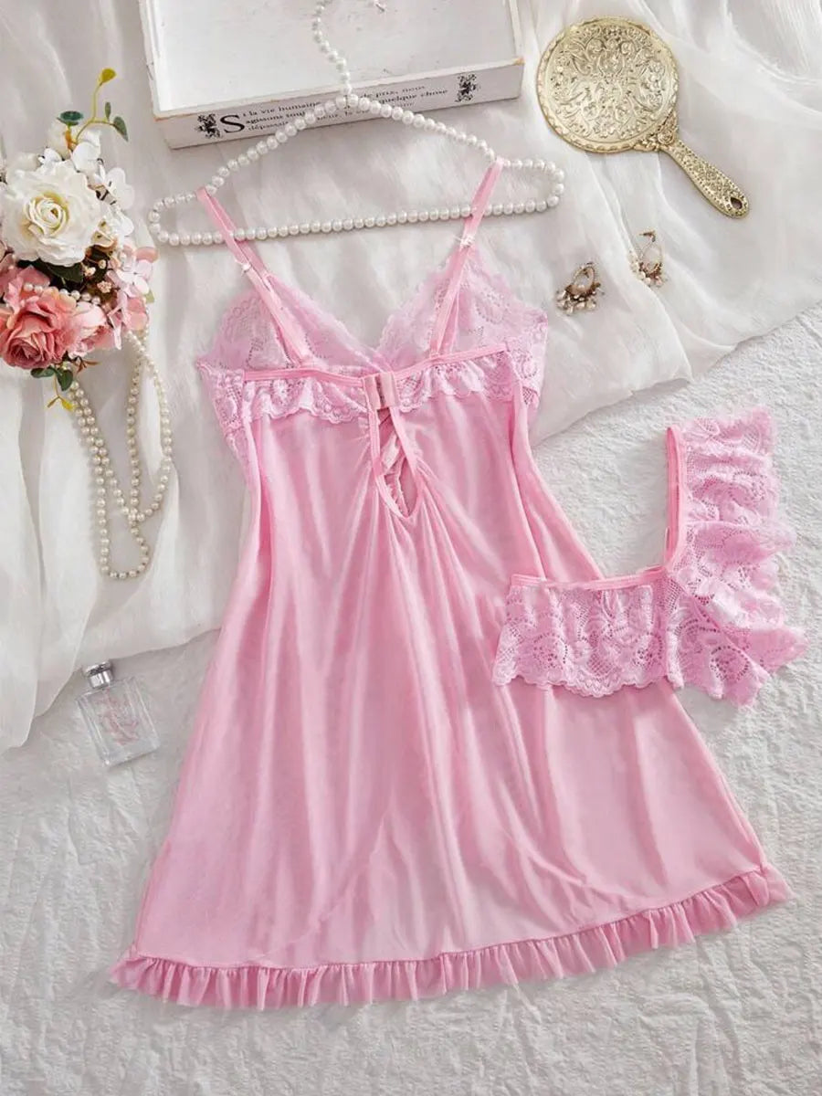A Set Pink Cute Women Sweet Nightdress And Panty Pijamas Suit Sleeveless Halter Nightgown Short Sets V-Neck Bra Thong Luxury Kit