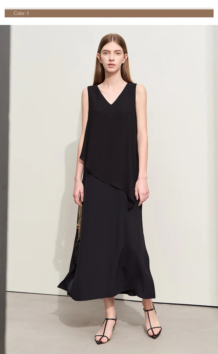 Amii Minimalism 2024 Women Dresses Summer New Vacation Style V-neck Spliced Chiffon Female Sleeveless Loose Dress 12452102
