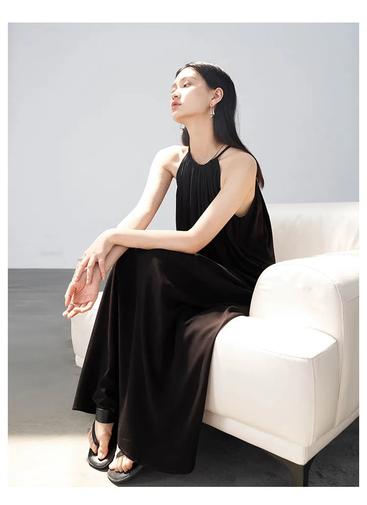 CHIC VEN Women Halter Dress A Line Solid Loose Casual Lace Up Black Sleeveless Holiday Female Long Dress Pullover Summer 2026