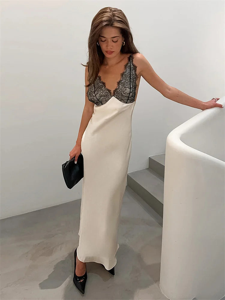 Tossy Lace V-Neck Printed Long Dress Women's Patchwork High Waist Slim Backless Summer 2026 New Dress Female Party Dress Gown