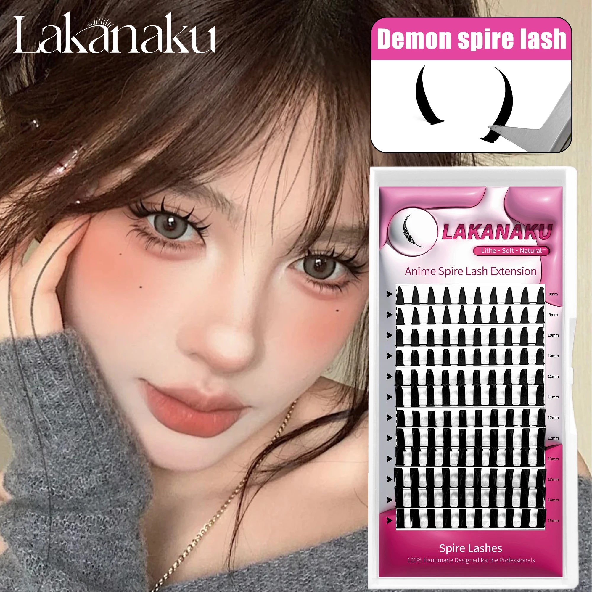 LAKANAKU Narrow Spire Eyelashes Extension Anime Lashes Spire Clusters Manga Style Feather Lightweight Premade Fans Extension