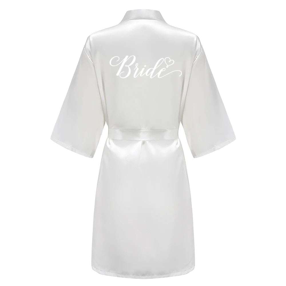 Light Blue Women's Satin Robe Short Kimono for Bride & Bridesmaid With White Letter, Wedding Party Robes