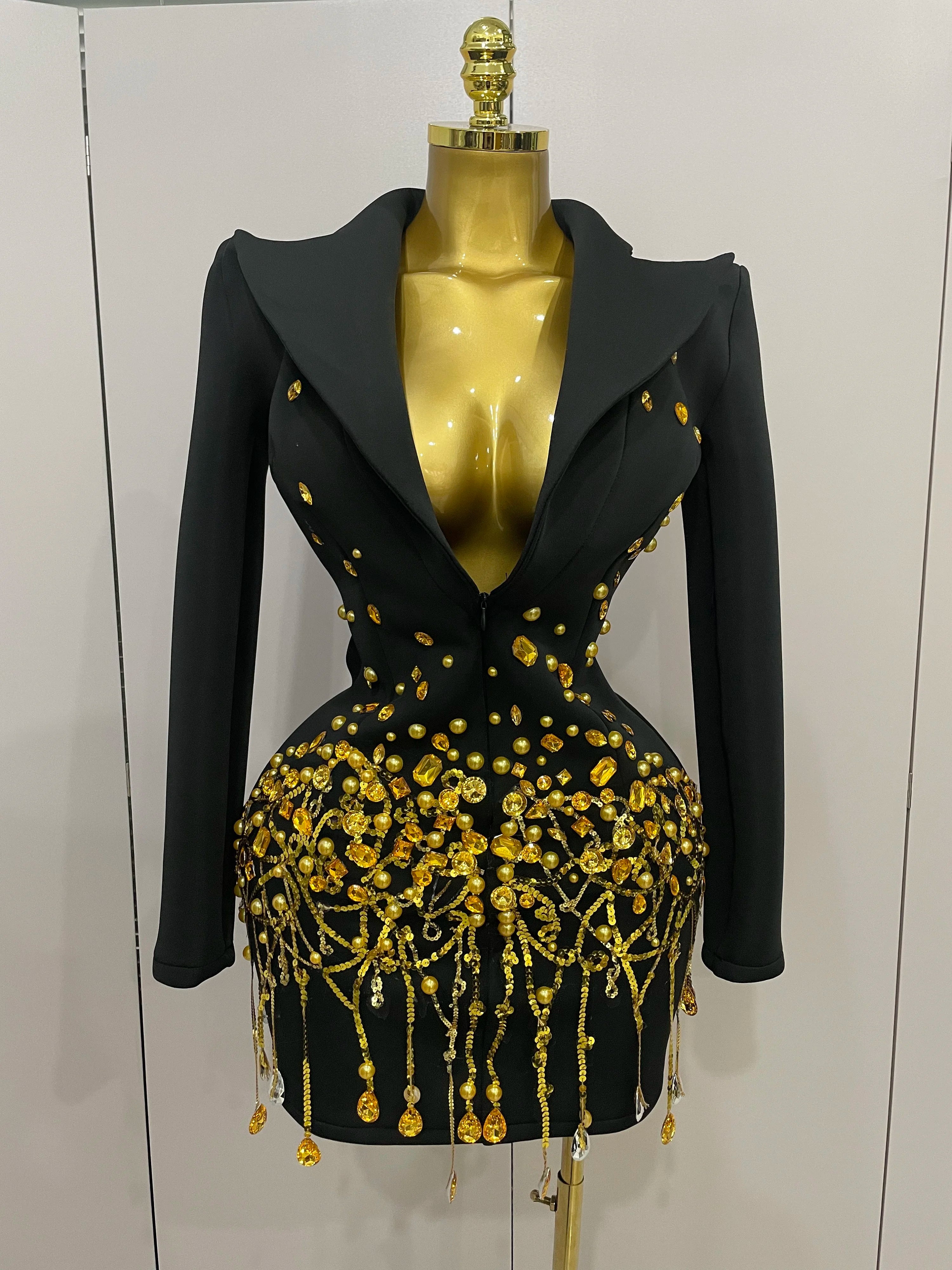 Sparkly Crystal Chains Pearls Long Sleeve Mini Dress 2025 Women Birthday Evening Party Nightclub Outfit Singer Wedding Costume