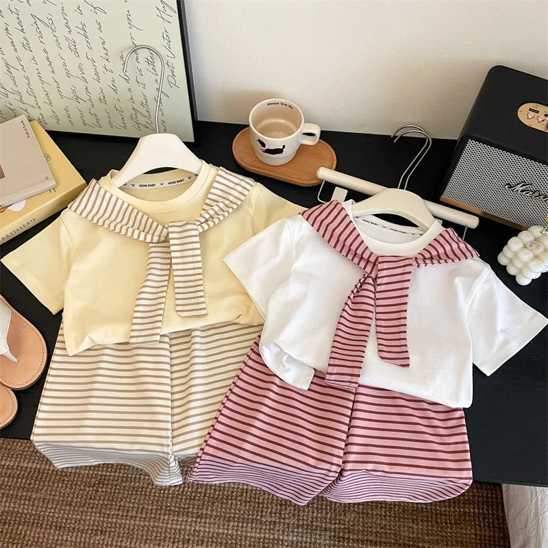 Girls Suit Summer Short-sleeved T-shirt With Stripes Shawls+Pants 2Pcs Outfits Kids Casual Clothes Children's Fashion Sets 1-12Y