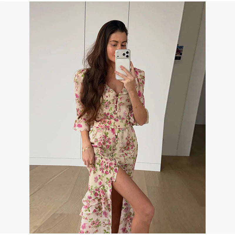 Organza Floral Printed Maxi Dress V-neck Puff Sleeve 2026 Spring/summer Romantic Women Party Gown Fashion Elegant Lady Vestido