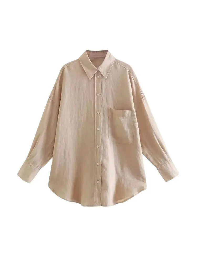 Women Fashion With Pocket Oversized Shirts Vintage Long Sleeve Button-up Female Blouses Blusas Chic Tops