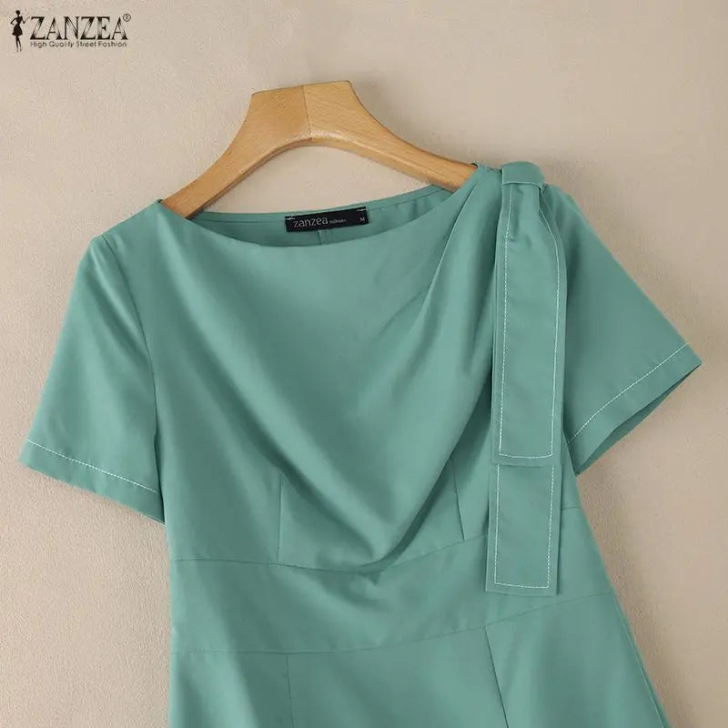 ZANZEA Elegant Women OL Work Dresses 2026 Summer Short Sleeve Solid Knee Length Dress Robe Stylish A Line Waisted Party Vestidos