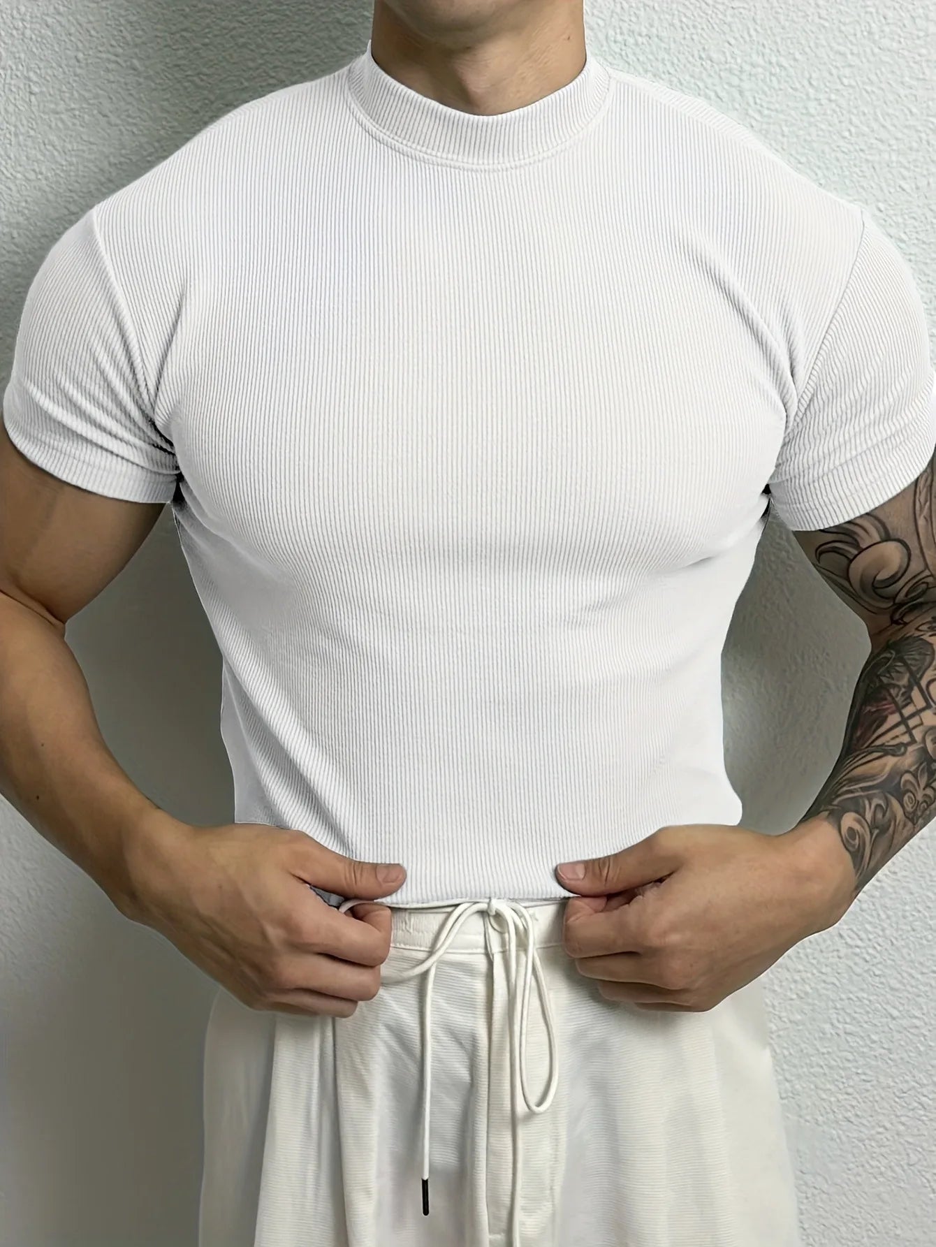 2026 New fashion Men's T-shirt Small high collar stripe shirt short sleeve fitness top leisure sport T-shirt Men sportswear