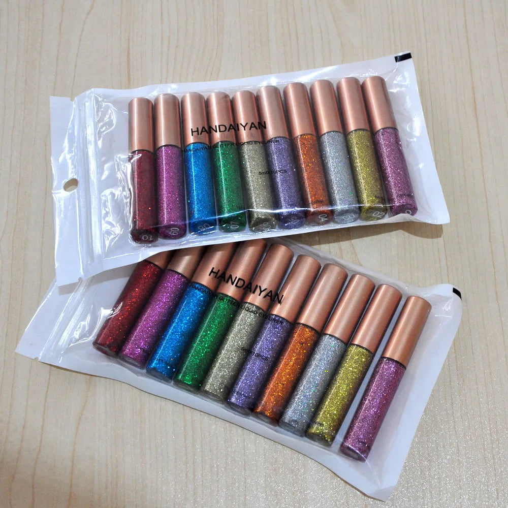 Long Lasting Glitter Eyeliner Kit 10 Vibrant Shades Metallic Sparkle Smudge Proof Easy Apply Eye Liner Makeup Set