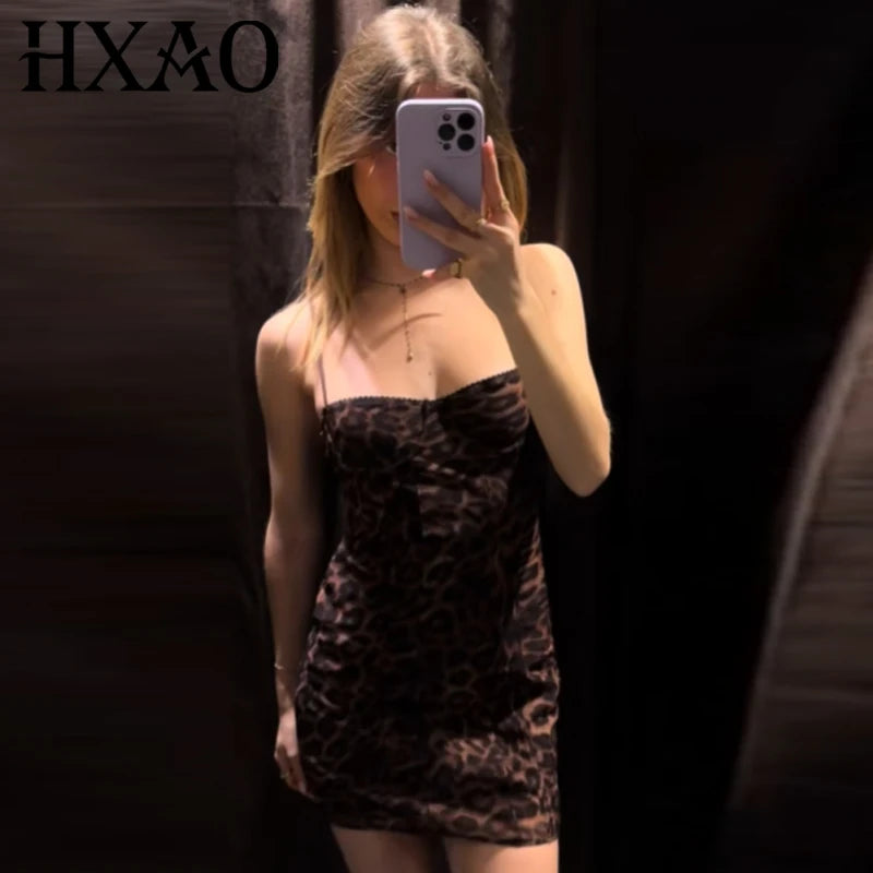 HXAO Women's Tulle Leopard Slip Dress Women's Dress Summer 2026 Mini Bustier Sleeveless Backless Dress Sexy Club Party Vestidos