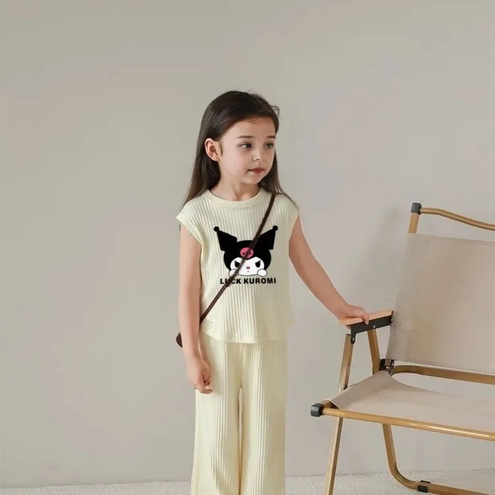 2026 Summer Kuromi Anime Kawaii Baby Ice Silk Sleeveless Vest Top Pants Two Sets Cute Cartoon Children Clothes Gifts for Kids