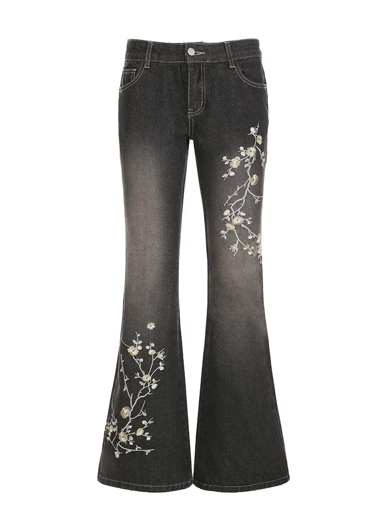 Weekeep Floral Embroidery Jeans Vintage 2000s Low Rise Flared Jeans Women Retro y2k Baggy Denim Pants High Street Basic Trousers