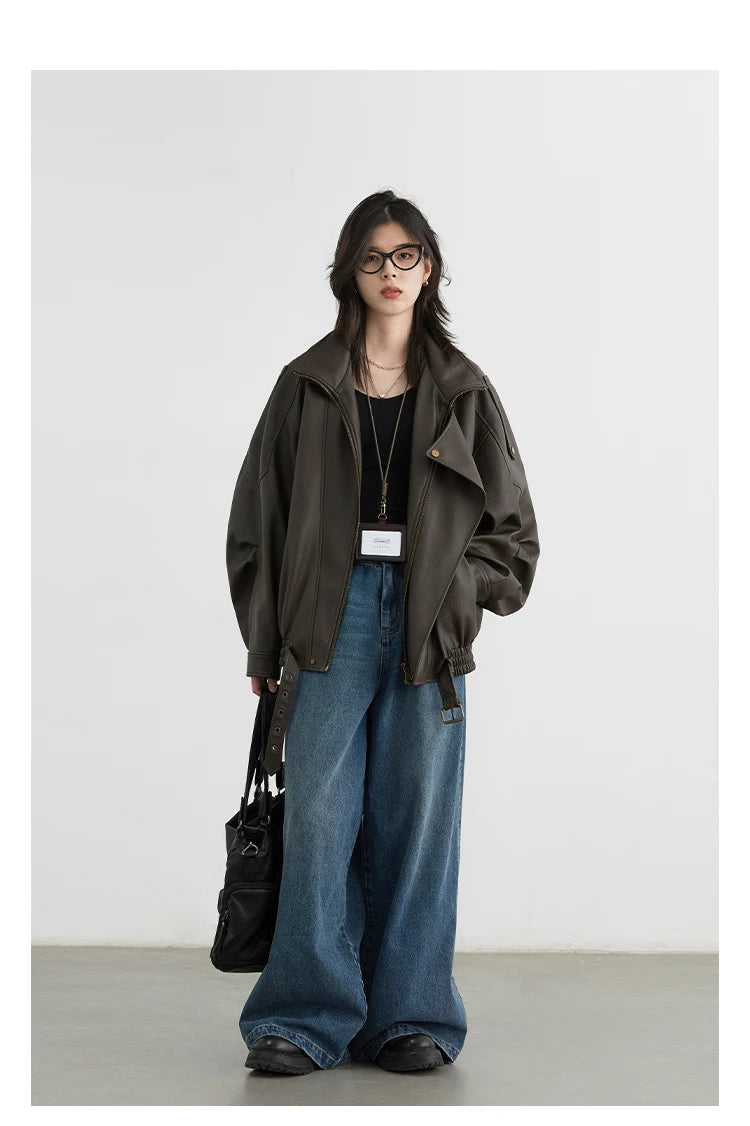 CHIC VEN Woman PU Jacket Solid Loose New Retro Standing Collar Motorcycle Faux Leather Coat Female Top Spring Autumn 2026