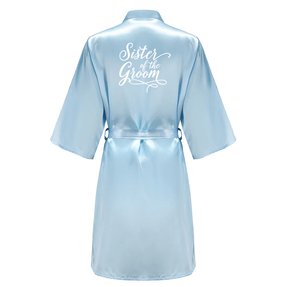 Light Blue Women's Satin Robe Short Kimono for Bride & Bridesmaid With White Letter, Wedding Party Robes