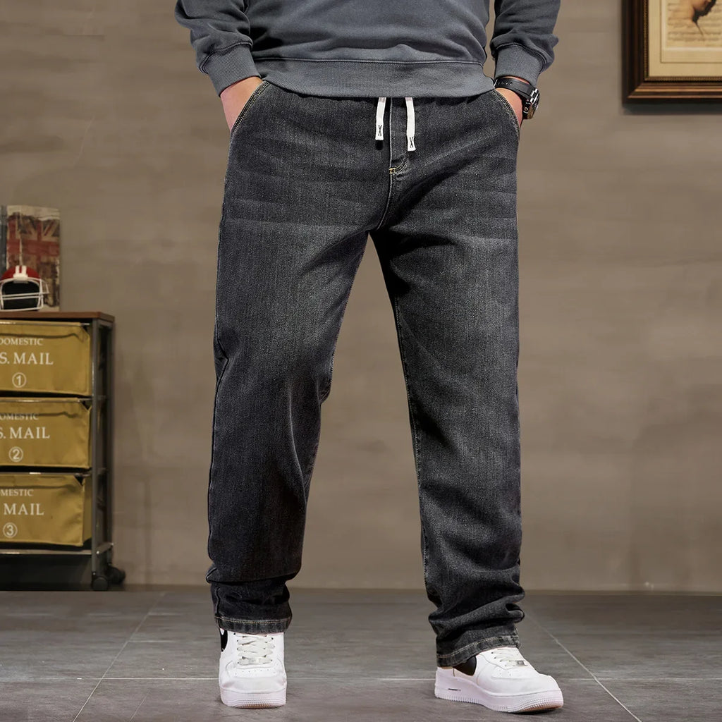 Extra Big Size Jeans Men High Elastic Waist Baggy Denim Pant Male Plus Large Loose Slim Fit Cowboy Trouser 8XL 6XL Classic Black