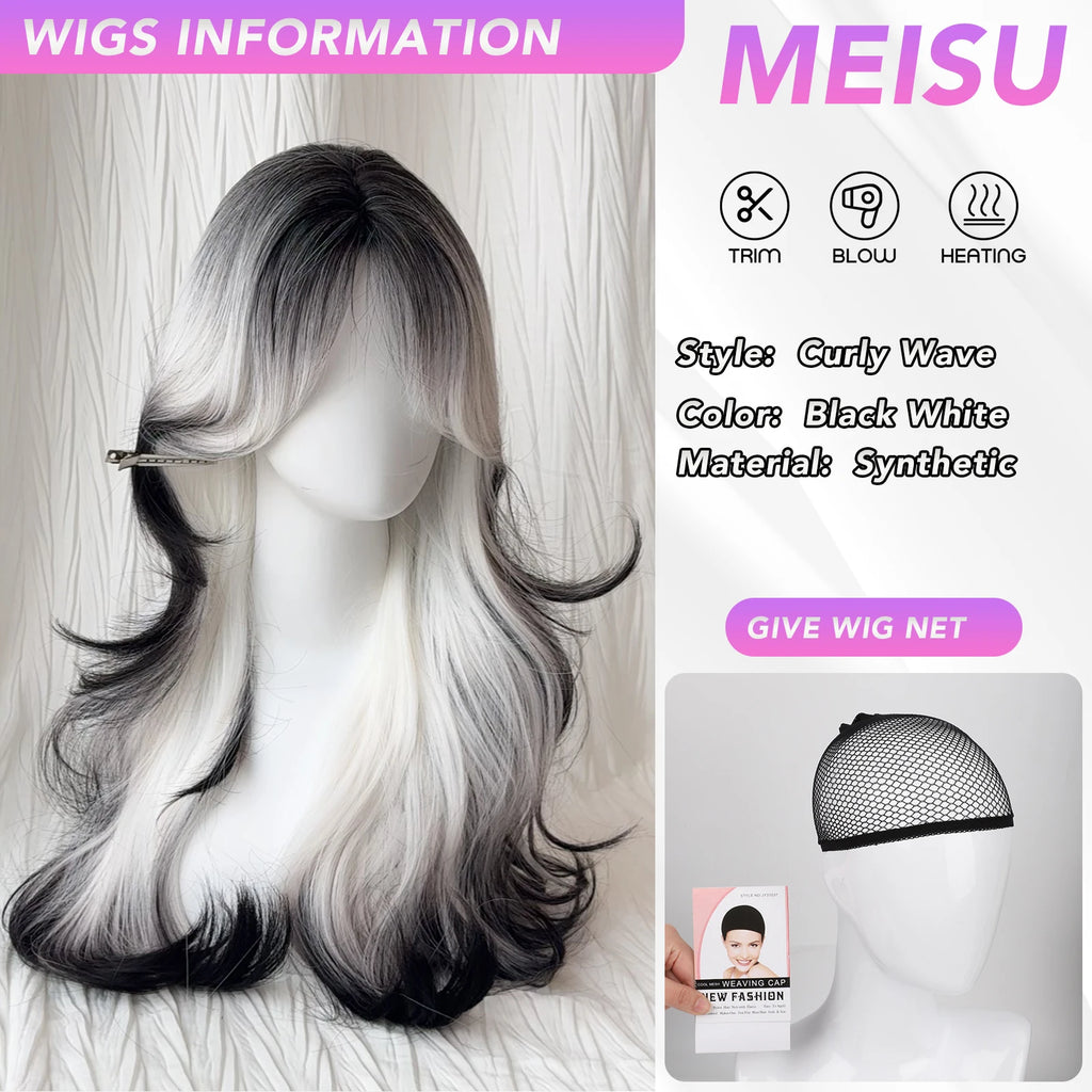 MEISU 26 Inch Synthetic Wig Curly Wave Wig Black White Color Heat-Resistant Natural Smooth Hair Stylish Party Wigs For Women