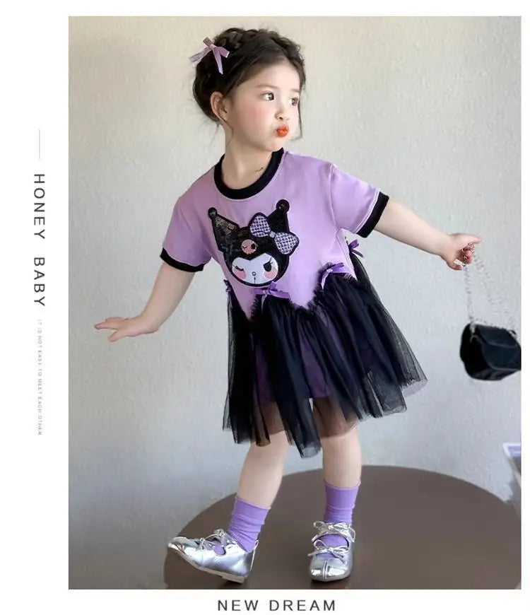 kuromi Princess Style Short Sleeve Dress for Girls Baby Mesh Skirt Summer New Arrival Children's Clothing Casual Daily Skirt