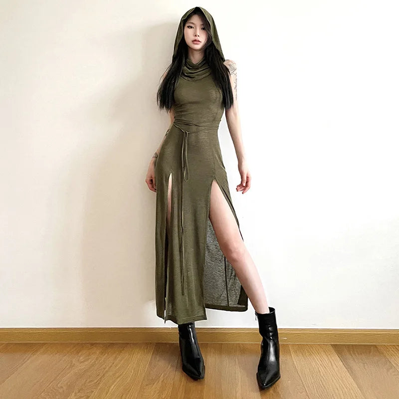 y2k Dress Women Clothes Solid Color Sleeveless Hollow Out Back Slit Hooded Dress 2000s Halloween Party Dresses