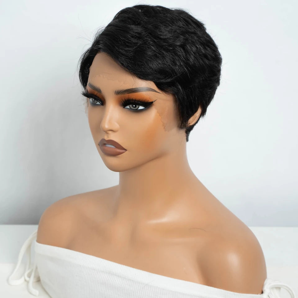 Lekker Black Short Pixie Cut 13X1 C Part Lace Front 100% Human Hair Wigs For Women Glueless Brazilian Remy Hair Straight Wigs