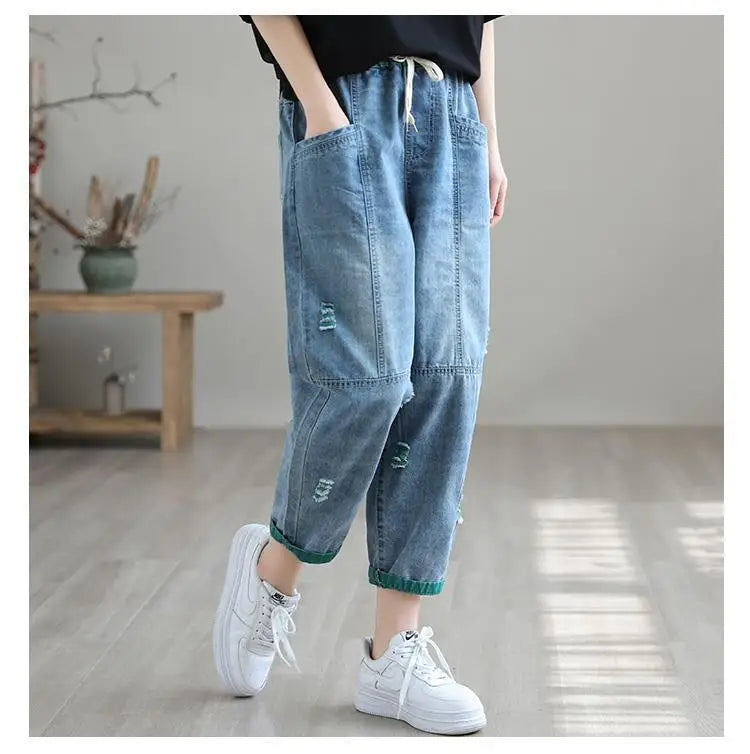 Nine Point ripped Jeans For women Summer 2025 new Loose Thin Elastic waist Casual Harem pants Female denim Ankle Length pants