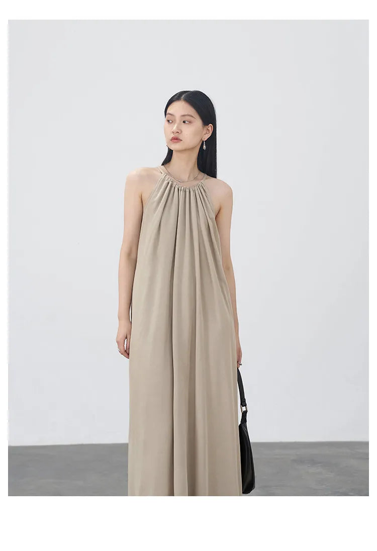 CHIC VEN Women Halter Dress A Line Solid Loose Casual Lace Up Black Sleeveless Holiday Female Long Dress Pullover Summer 2026