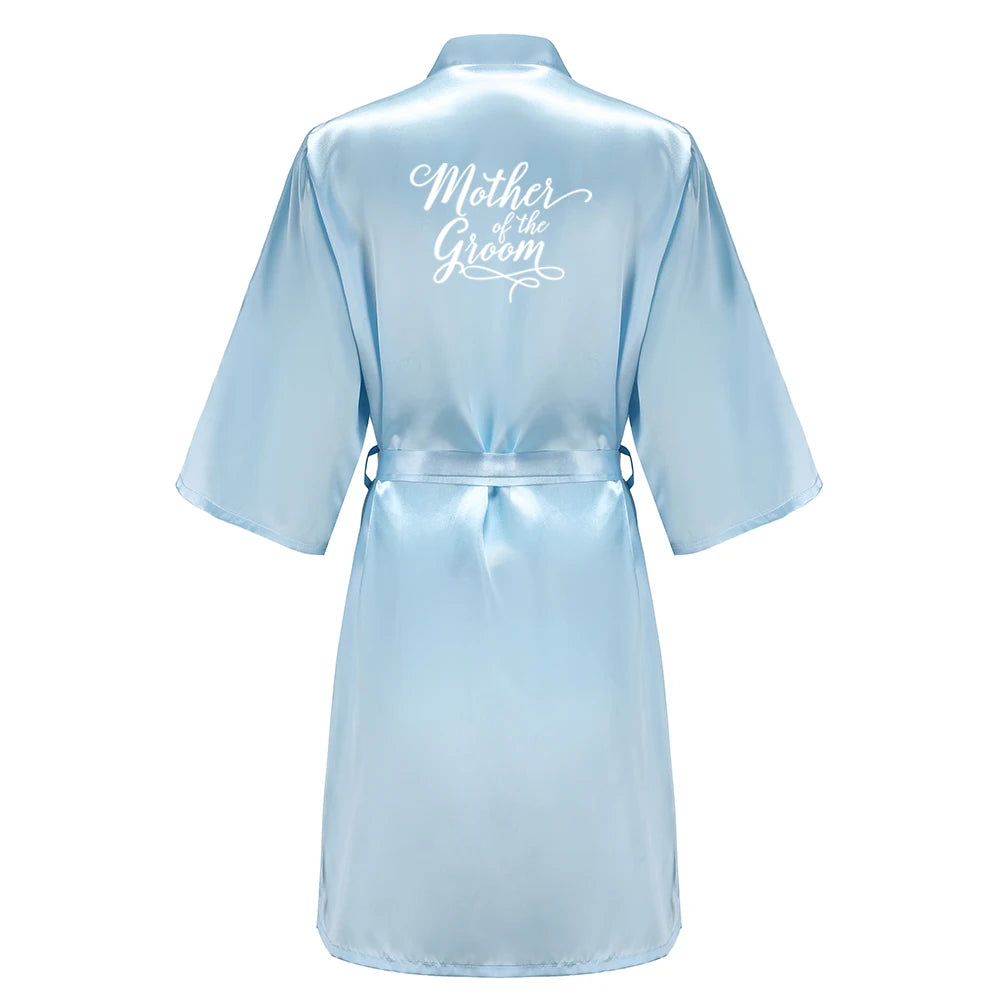 Light Blue Women's Satin Robe Short Kimono for Bride & Bridesmaid With White Letter, Wedding Party Robes