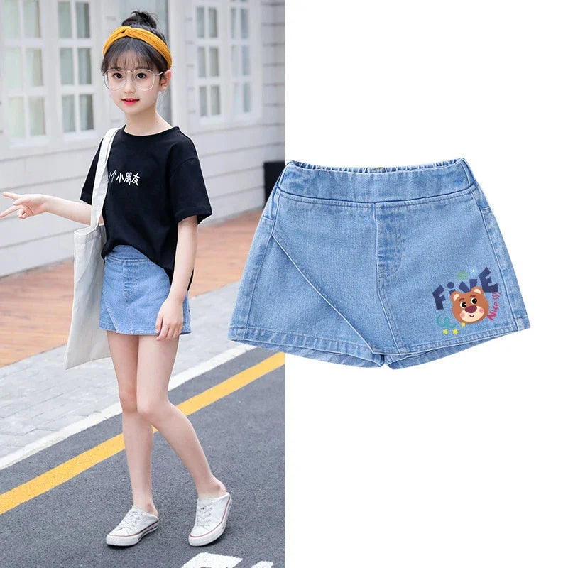 Kids Clothes Elastic Waist Fake Skirt Denim Shorts Jeans for Girls 3-12 Years -Minnie Kuromi Strawberry Bear Printed‌ Fake Skirt