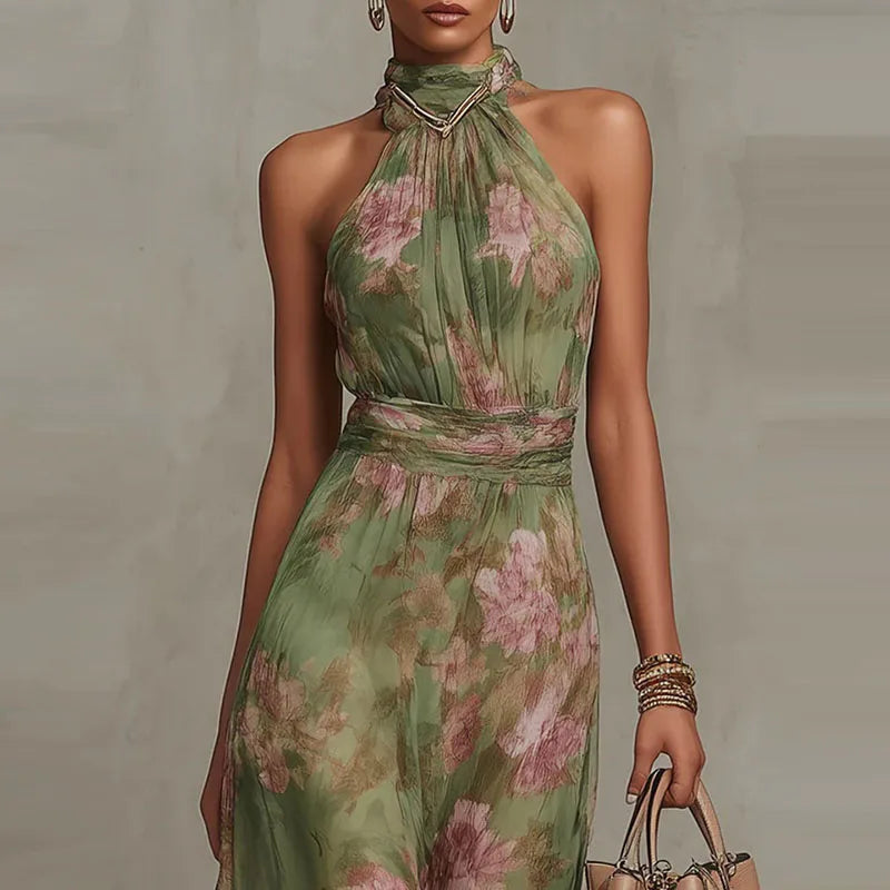 Elegant Halter Off Shoulder Hollow Party Dresses Woman Spring Floral Print Chiffon Long Dress Boho Sleeveless Summer Beach Dress