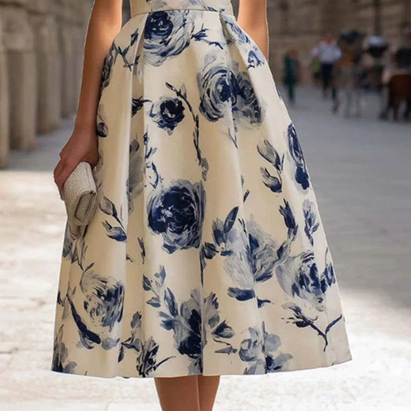 Elegant Floral Print Slim Long Dress Womens Boho Office Sleeveless Round Neck A-Line Dress Summer High Waist Pleated Party Dress