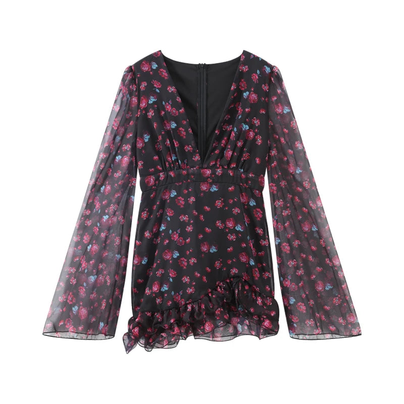 Flora Painted Ruffle Mini Dress Women Elegant Full Sleeve Deep V-neck Slim A-line Dresses 2026 Lady Holiday Street Outwears New
