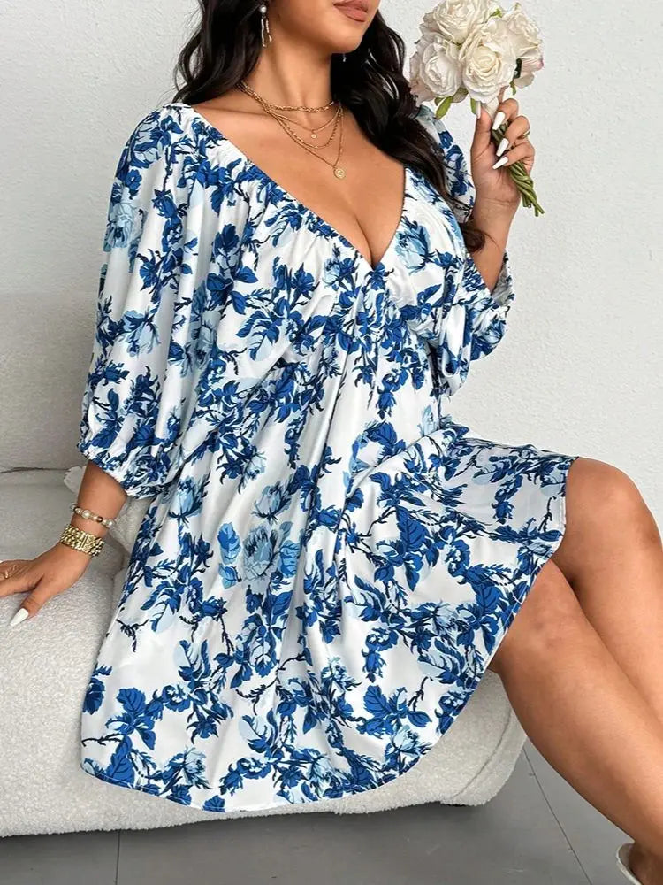 plus Size V-Neck Romantic Floral Print Vacation Dress Women's Casual Elegant Maxi Dress for Summer
