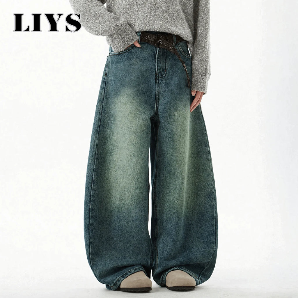Men's Wear Blue Wide-Leg Denim Pants Baggy Jeans Vintage Three-Dimensional Cut Curved Knife Jeans Loose Fit Summer New Trend