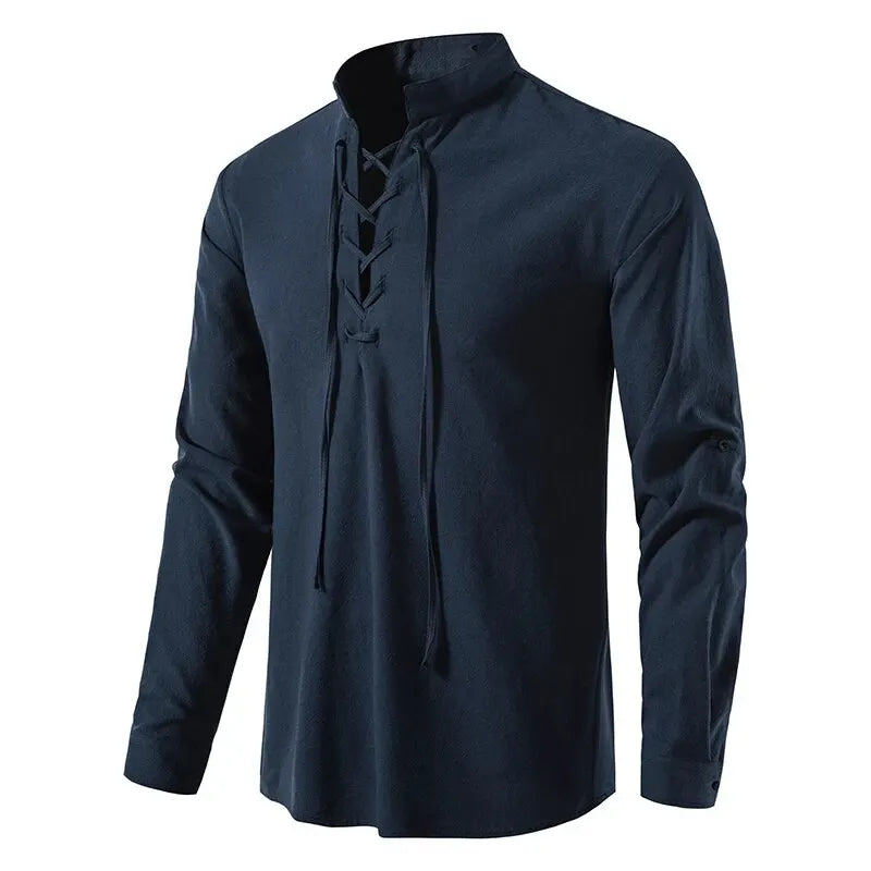 King Billion Men's Shirts Casual Men Cotton Linen Long Sleeve T-shirt Spring Autumn Vintage Shirt US Size Drawstring Neck