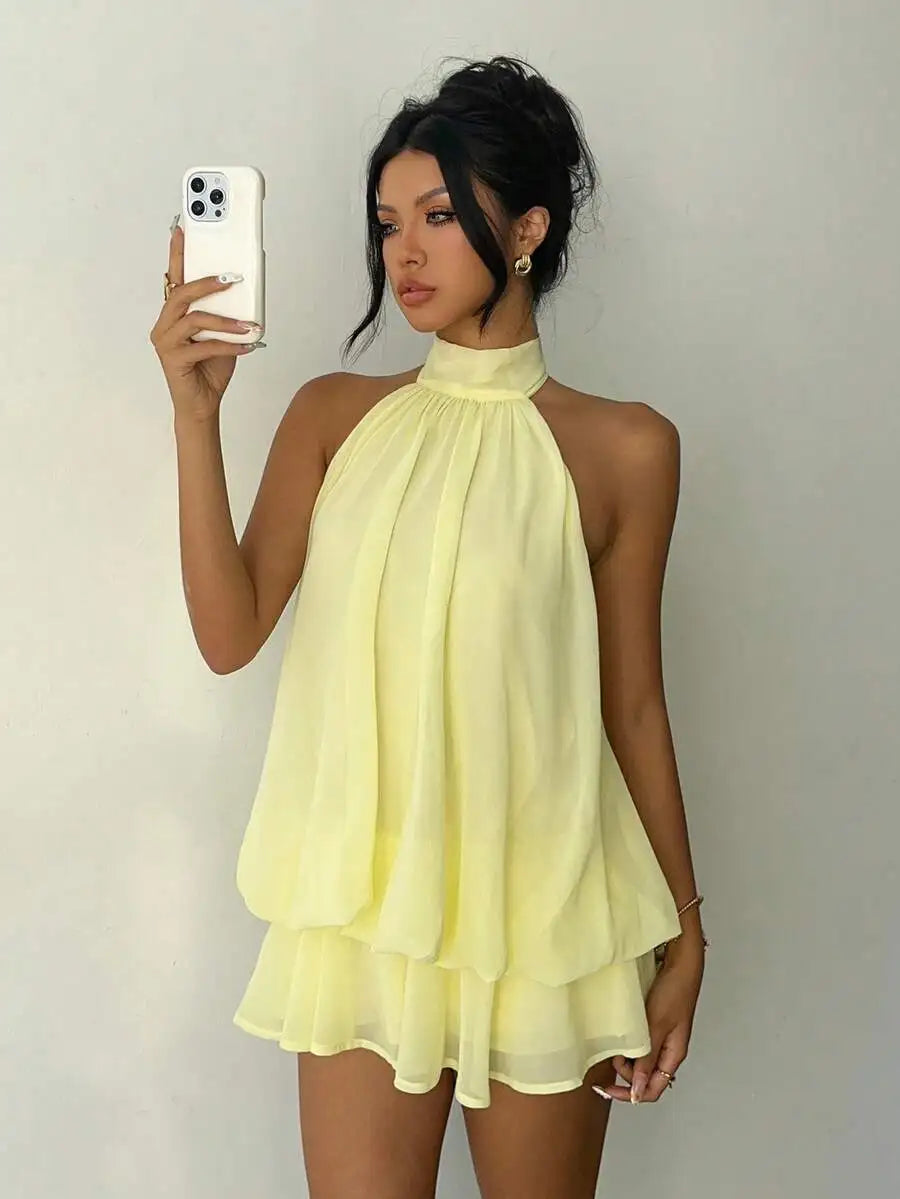 Women's Elegant Butter Yellow Chiffon Halter Tie Mini Dress Fashionable Summer Dress for Women