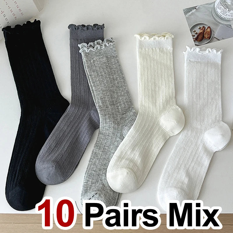 5/10 Pairs Women Solid Color Mesh Mid Tube Socks Summer Lightweight Breathable Fashionable Wavy Edge Ballet Style Casual Socks