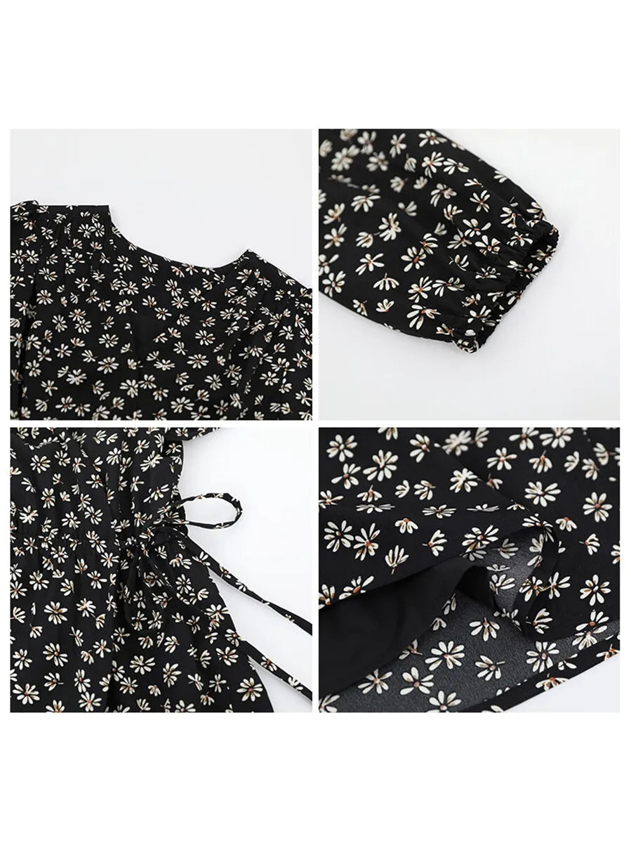 CHIC VEN New Women Dresses Long Sleeved Retro V-neck Black Floral Female Dress Elastic Waisted Lace Up Spring Summer 2026