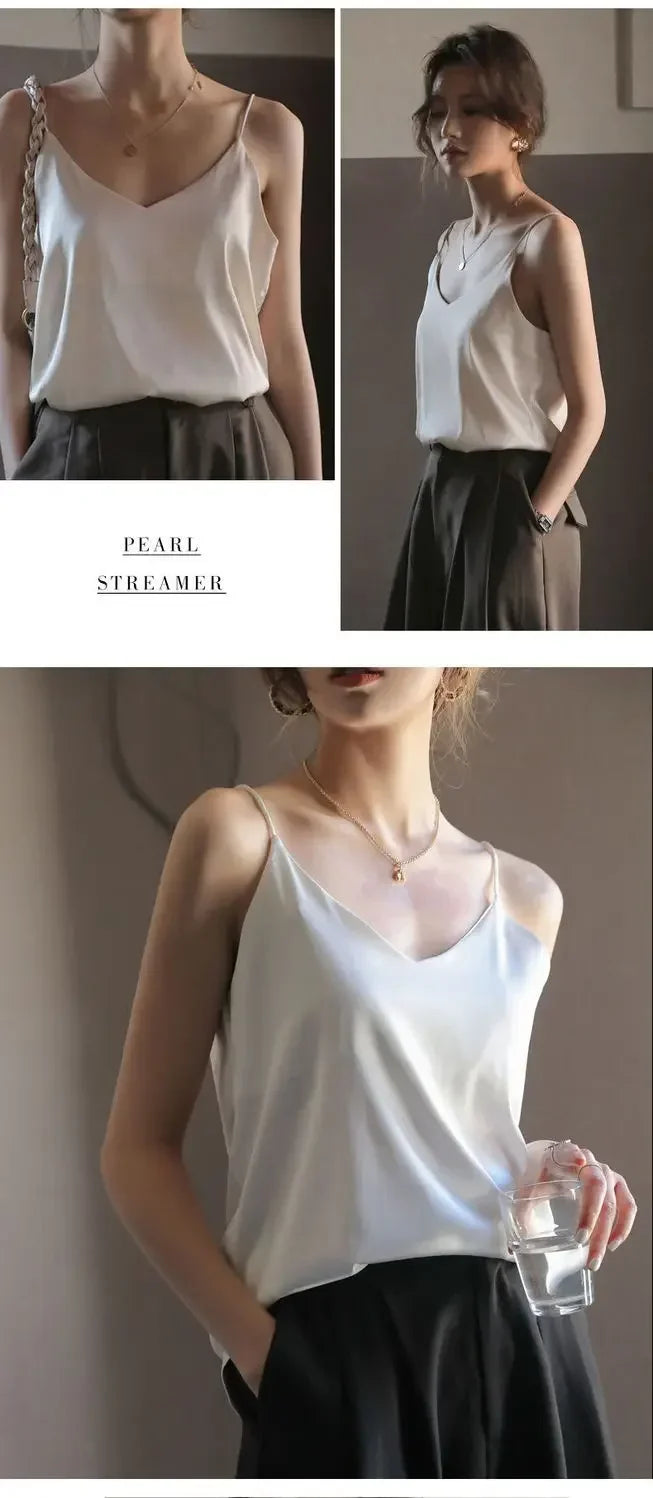 Women Halter V Neck Basic White Cami Spaghetti Strap Top Sleeveless Satin Silk 2026 Tank Tops Women'S Summer Camisole