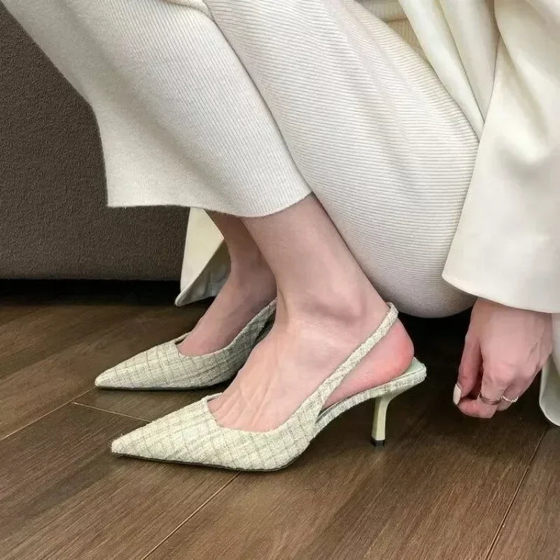 Fashion brand designed knitted platform heels for women, pointed-toe party shoes, comfortable large-size summer stiletto sandals